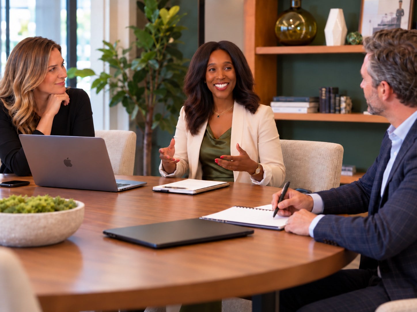 A senior advisor leading a working discussion with two executives at a conference table