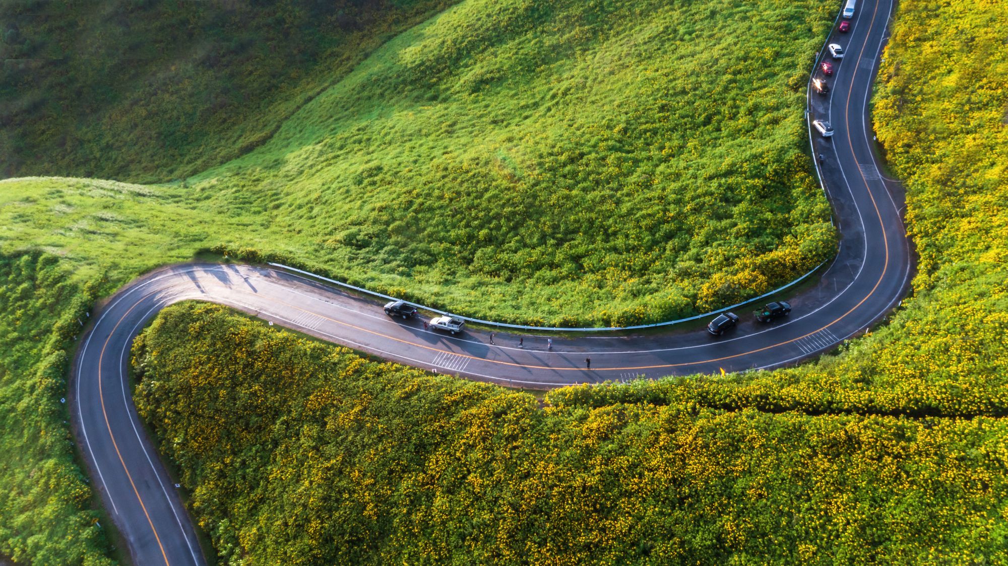 A road winding through green hills, seen from above